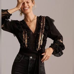 NWOT - Anthropologie Black and Gold Sequin Blouse